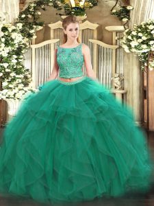 Beautiful Floor Length Lace Up Quinceanera Dresses Turquoise for Military Ball and Sweet 16 and Quinceanera with Beading and Ruffles