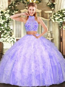 Superior Lavender Tulle Criss Cross Quinceanera Gown Sleeveless Floor Length Beading and Ruffles