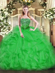 Comfortable Sleeveless Floor Length Beading and Ruffles Lace Up Sweet 16 Dresses with Green
