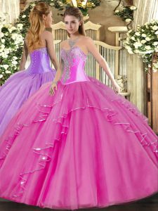 Sophisticated Fuchsia Tulle Lace Up Sweetheart Sleeveless Floor Length Vestidos de Quinceanera Beading and Ruffles