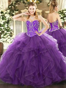 Fantastic Eggplant Purple Sleeveless Tulle Lace Up Quinceanera Gown for Military Ball and Sweet 16 and Quinceanera