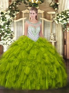 Most Popular Ball Gowns Quince Ball Gowns Olive Green Scoop Tulle Sleeveless Floor Length Zipper