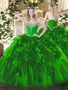 Custom Fit Green Lace Up Sweetheart Beading and Ruffles 15 Quinceanera Dress Organza Sleeveless