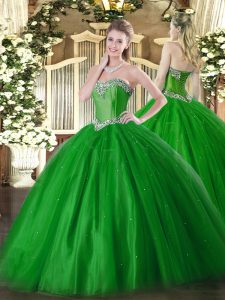 Sleeveless Floor Length Beading Lace Up Quinceanera Gown with Green
