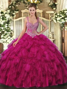 Fitting Fuchsia Lace Up 15th Birthday Dress Beading and Ruffles Sleeveless Floor Length