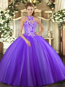 Stunning Halter Top Sleeveless Sweet 16 Quinceanera Dress Floor Length Embroidery Purple Tulle