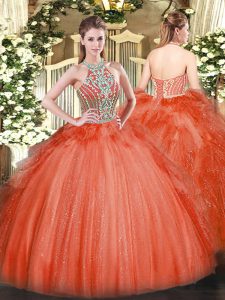 Perfect Red Quinceanera Gowns Military Ball and Sweet 16 and Quinceanera with Beading and Ruffles Halter Top Sleeveless Lace Up