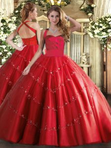 Red Sleeveless Appliques Floor Length Quinceanera Gown