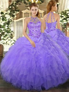 Fine Beading and Ruffles Sweet 16 Dress Lavender Lace Up Sleeveless Floor Length