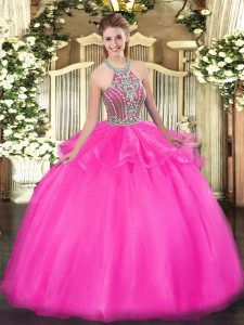 Elegant Hot Pink Sleeveless Floor Length Beading and Ruffles Lace Up 15th Birthday Dress