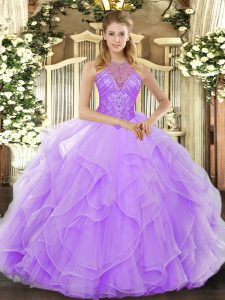 Noble Sleeveless Organza Floor Length Lace Up 15th Birthday Dress in Lavender with Beading and Ruffles