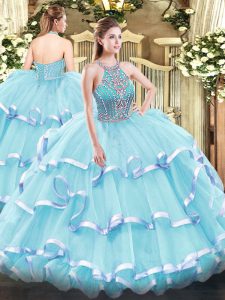 Decent Halter Top Sleeveless Lace Up Quinceanera Gowns Aqua Blue Tulle