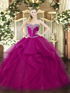 Fuchsia Ball Gowns Tulle Sweetheart Sleeveless Beading and Ruffles Floor Length Lace Up Sweet 16 Quinceanera Dress