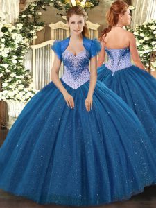 Comfortable Navy Blue Tulle Lace Up Sweetheart Sleeveless Floor Length Quinceanera Gowns Beading and Sequins