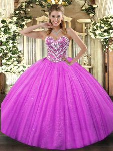 Sweet Fuchsia Ball Gowns Tulle Sweetheart Sleeveless Beading Floor Length Lace Up Sweet 16 Dresses
