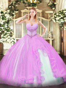 Modern Floor Length Lilac 15th Birthday Dress Tulle Sleeveless Beading and Ruffles