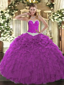 Fuchsia Ball Gowns Appliques and Ruffles Quinceanera Dress Lace Up Organza Sleeveless Floor Length