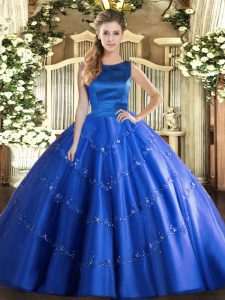 Fashion Blue Scoop Lace Up Appliques Quinceanera Dress Sleeveless