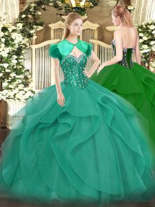 Gorgeous Sweetheart Sleeveless 15 Quinceanera Dress Floor Length Beading and Ruffles Turquoise Tulle