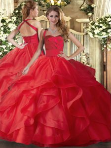 Nice Ruffles Sweet 16 Dresses Red Lace Up Sleeveless Floor Length