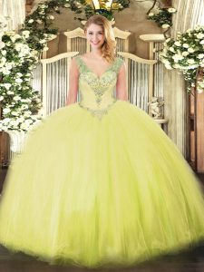 Dazzling Floor Length Ball Gowns Sleeveless Yellow Green Vestidos de Quinceanera Lace Up