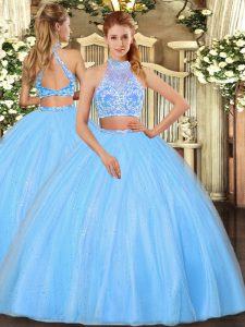 Halter Top Sleeveless Quinceanera Dresses Floor Length Beading Aqua Blue Tulle