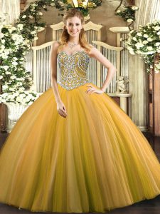 Pretty Gold Lace Up 15 Quinceanera Dress Beading Sleeveless Floor Length