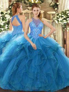 Floor Length Teal Sweet 16 Dress Organza Sleeveless Beading and Ruffles