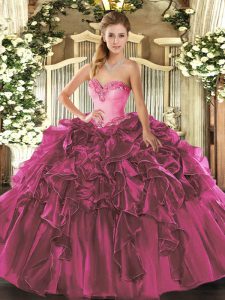 Designer Organza Sweetheart Sleeveless Lace Up Beading and Ruffles Sweet 16 Quinceanera Dress in Fuchsia