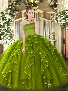 Strapless Sleeveless Quince Ball Gowns Floor Length Ruffles Olive Green Tulle