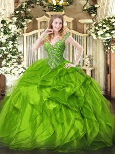 Inexpensive V-neck Neckline Beading and Ruffles Quinceanera Dress Sleeveless Lace Up