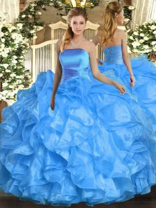 Fabulous Ball Gowns Quinceanera Gowns Baby Blue Strapless Organza Sleeveless Floor Length Lace Up