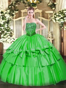 Green Lace Up Quinceanera Gown Beading and Ruffled Layers Sleeveless Floor Length