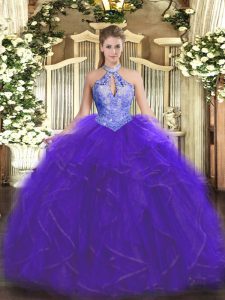 Sleeveless Lace Up Floor Length Ruffles and Sequins 15 Quinceanera Dress