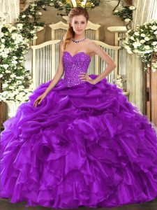 Purple Sweetheart Lace Up Beading and Ruffles and Pick Ups Quinceanera Gown Sleeveless