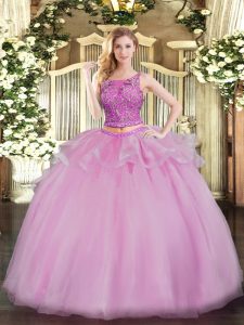 Sophisticated Lilac Two Pieces Scoop Sleeveless Organza Floor Length Lace Up Beading Vestidos de Quinceanera