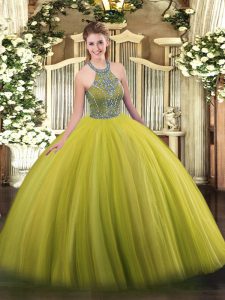 Modest Olive Green Tulle Lace Up Ball Gown Prom Dress Sleeveless Floor Length Beading