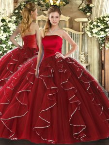 Trendy Wine Red Lace Up Quinceanera Gowns Ruffled Layers Sleeveless Floor Length