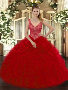 Floor Length Wine Red Quinceanera Dresses Organza Sleeveless Beading and Ruffles