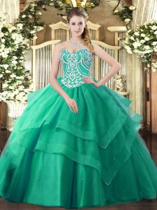 New Arrival Sleeveless Tulle Floor Length Lace Up Quinceanera Gowns in Turquoise with Beading and Ruffled Layers