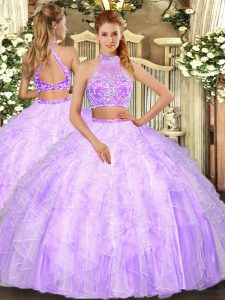 Halter Top Sleeveless Tulle Sweet 16 Dress Beading and Ruffles Criss Cross