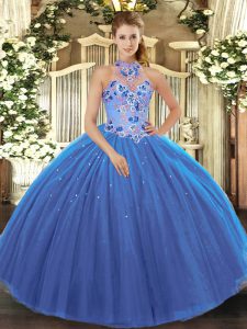 Simple Blue Sweet 16 Quinceanera Dress Military Ball and Sweet 16 and Quinceanera with Embroidery Halter Top Sleeveless Lace Up