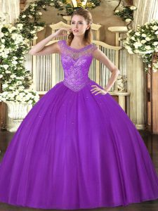 Perfect Floor Length Eggplant Purple 15 Quinceanera Dress Tulle Sleeveless Beading