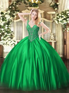 Glamorous Green Lace Up V-neck Beading Ball Gown Prom Dress Satin Sleeveless