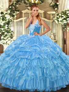 Graceful Baby Blue Ball Gowns Beading and Ruffled Layers and Pick Ups Quinceanera Gowns Lace Up Organza Sleeveless Floor Length