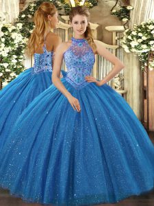 Sweet Sleeveless Tulle Floor Length Lace Up 15th Birthday Dress in Blue with Beading and Embroidery