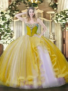 Pretty Gold Sleeveless Beading and Ruffles Floor Length Quince Ball Gowns