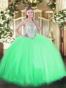 Inexpensive Apple Green Ball Gowns Beading Quince Ball Gowns Zipper Tulle Sleeveless Floor Length
