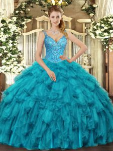 Teal V-neck Neckline Beading and Ruffles Sweet 16 Quinceanera Dress Sleeveless Lace Up