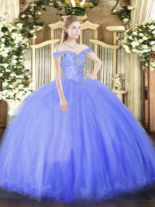 Fine Blue Lace Up 15th Birthday Dress Beading Sleeveless Floor Length